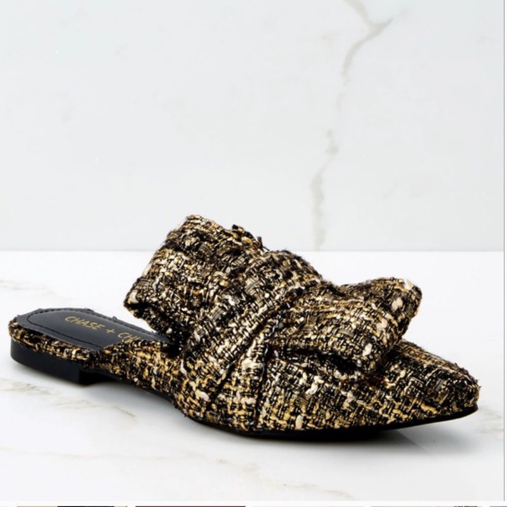 Chase + Chloe Tweed Bow Slide Mules